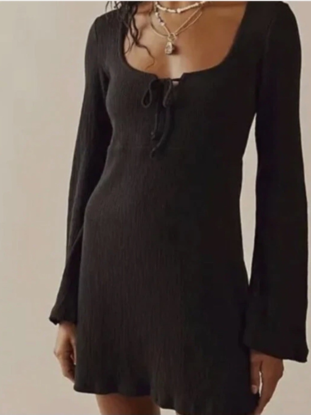 Free People Black Ribbed Long Sleeve Mini Dress